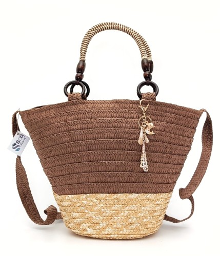 Torebka Koszyk Pleciona Słomiana z Rafii Boho Wegańska Ekologiczna Ze Słomy Do Ręki Na Ramię Z Paskiem Z brelokiem Z Muszelkami Zapinana Na Zamek Letnia Na lato Plażowa Kolor Naturalny Beż Brąz SBagNatural.pl