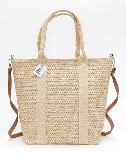 Torebka Damska Duża Pleciona Styl Boho Shopper Koszyk Na Ramię Pojemna Letnia Wegańska Ekologiczna Z Rafii Słomiana Plażowa Na Lato A4 Kolor Jasny Beż Ecru SBagNatural.pl