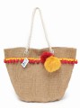 Torebka Jutowa Pleciona Z Juty Wytrzymała Shopperka A4 Wegańska Ekologiczna Plażowa Na lato Na plażę Na Ramię Pojemna Praktyczna Na Zakupy Z Pomponami  Kolor Naturalny Beż Czerwony Żółty SBagNatural.pl