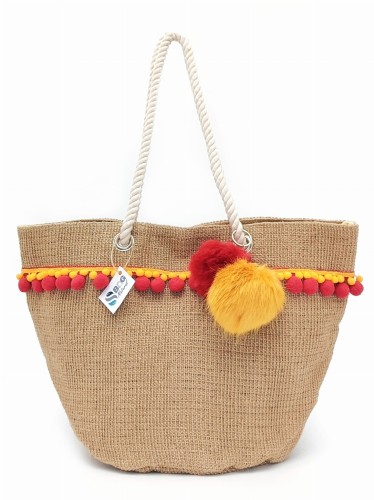 Torebka Jutowa Pleciona Z Juty Wytrzymała Shopperka A4 Wegańska Ekologiczna Plażowa Na lato Na plażę Na Ramię Pojemna Praktyczna Na Zakupy Z Pomponami  Kolor Naturalny Beż Czerwony Żółty SBagNatural.pl