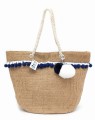 Torebka Jutowa Pleciona Z Juty Wytrzymała Shopperka A4 Wegańska Ekologiczna Plażowa Na lato Na plażę Na Ramię Pojemna Praktyczna Na Zakupy Z Pomponami  Kolor Naturalny Beż Biały Granatowy SBagNatural.pl