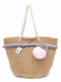 Torebka Jutowa Pleciona Z Juty Wytrzymała Shopperka A4 Wegańska Ekologiczna Plażowa Na lato Na plażę Na Ramię Pojemna Praktyczna Na Zakupy Z Pomponami  Kolor Naturalny Beż Różowy Szary SBagNatural.pl