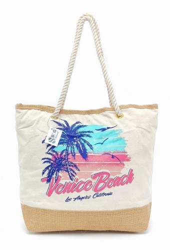 Torebka plażowa z płótna canvas i juty naturalnej, z printem palmy i napis Venice Beach, pojemna, ekologiczna, wegańska, na ramię, na plażę, letnia, wakacyjna, ekostyl, ekomoda, SBagNatural.pl