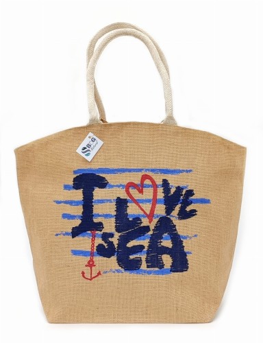 Ekologiczna torba jutowa SBagNatural.pl z printem I Love Sea, motywem kotwicy i serca, marynarskimi pasami, wegańska, z juty, torba plażowa XXL, torba wakacyjna, lekka i pojemna, mieszcząca format a4