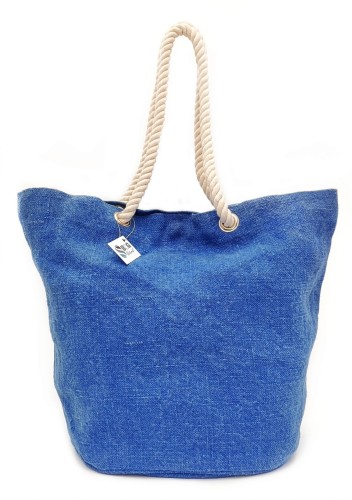 Torebka Jutowa Plażowa Wegańska Soft Juta Z Bawełnianymi Uchwytami Pojemna Praktyczna Na Zakupy Na Plażę Letnia Kolor Granatowy Ekologiczna SBagNatural.pl Styl Morski