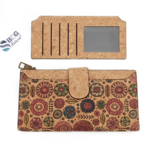 Portfel-korkowy-damski-duży-wegański-z korka-na prezent-lekki-bilonówka-na karty-na dokumenty-ekologiczny-wzorki-portugal-Wzór-vintage-flower-kwiatowy-SBagNatural.pl