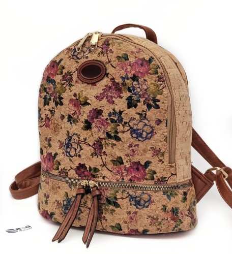 Plecak-damski-korkowy-pojemny-lekki-z korka-wegański-ekologiczny-miejski-boho-Beżowy-wzór-kwiatowy-SBagNatural.pl