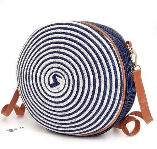 Torebka-koszyk-okrągła-pleciona-boho-rafia-styl-marynarski-na lato-letnia-wakacyjna-pojemna-lekka-w paski-granatowa-biała