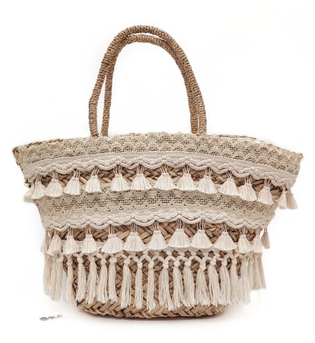Torebka-Koszyk-Pleciona-Boho-Z Trawy Morskiej-Plażowa-Wegańska-Rustic-z frędzlami-Koronka-duża-pojemna-letnia-wakacyjna-sbagnatural.pl