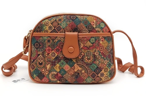 Torebka- Damska-Korkowa-Listonoszka-Dwukomorowa-Wegańska-Lekka-Pojemna-Eko-Boho-Z-Korka-Naturalnego-Crossbody-Kieszonki-Wzór-Azulejo-Wielokolorowa-Beżowa-SBagNatural.pl